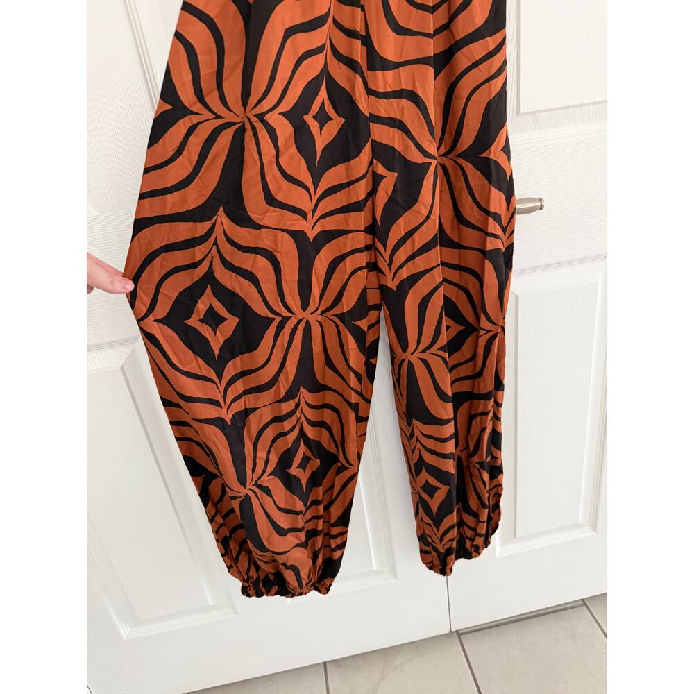 Anthropologie Printed Balloon Leg Jumpsuit Rust Black Smocked Boho Chic Resort - Picture 5 of 9